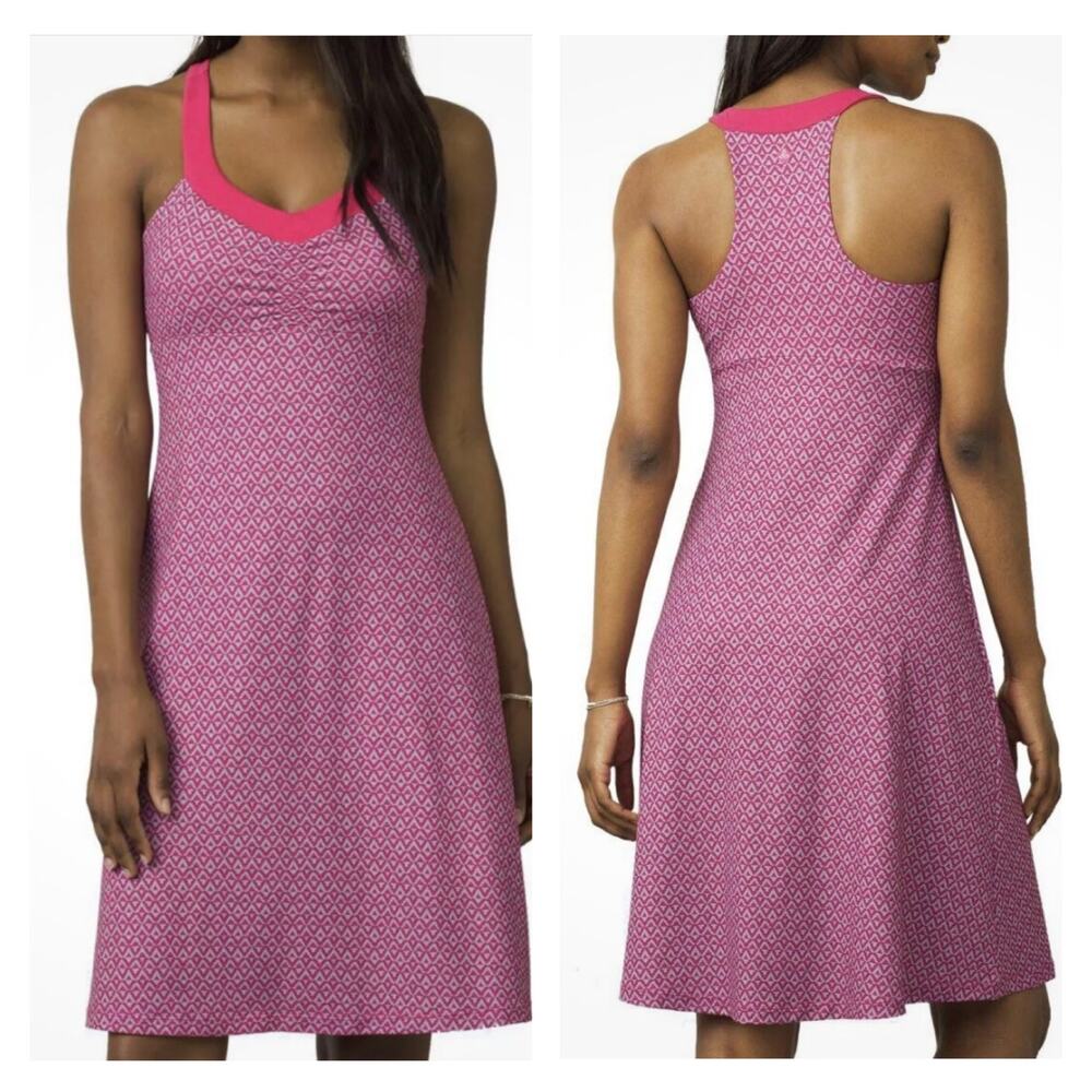NWOT PrAna Shauna Tank Dress Cosmo Pink Geo Print Shelf Bra Racerback Size M